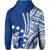 Blue hoodie with white Polynesian geometric print and stars, oversized hood