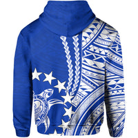 Blue pullover hoodie back with white tribal pattern, stars, and canoe graphic