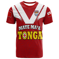 Red rugby T-shirt with white V yoke, bold Mate Maja Tonga print, league crest