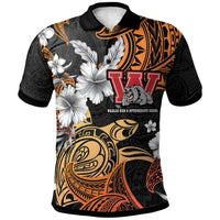 Black polo with orange tribal pattern, white hibiscus flowers, school crest