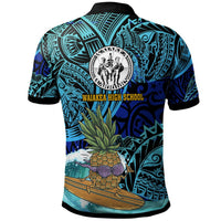 Back view blue polo with black collar, Polynesian pattern, school crest and surfboard art