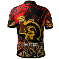 Back of red and black tribal polo with yellow helmet graphic and 'Your Text' label