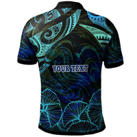 Custom polo with 'YOUR TEXT' front, turquoise surf/leaf pattern, dark blue shirt
