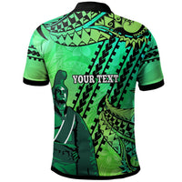 Back of green polo with black trim, tribal pattern and 'YOUR TEXT' banner