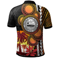 Back view polo: black with yellow accents, tropical palms, leaves and crest