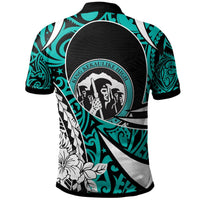 Green Hawaiian polo shirt back with circular King Kekaulike emblem and tropical floral