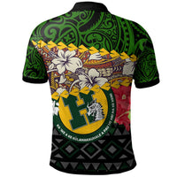 Green polo shirt back view with Polynesian swirls, hibiscus, dragon crest graphic