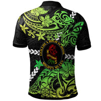 Black polo shirt with green floral pattern and circular emblem, back view