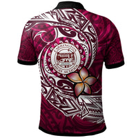 Maroon custom Hawaii polo shirt, back view with Polynesian patterns and school crest