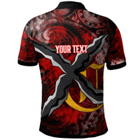 Red polo shirt with black collar and large back graphic, 'YOUR TEXT' centered