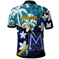 Blue polo shirt back with YOUR TEXT, large M letter and plumeria floral pattern