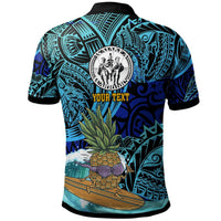 Back blue polo with black collar, Polynesian crest and surfboard art with 'YOUR TEXT' spot