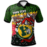 Green polo shirt, black collar, 'YOUR TEXT' over dragon Polynesian front