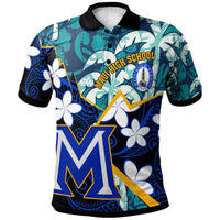 Blue polo shirt with black trim, Maui High School graphic and plumeria-style flowers