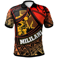 Red and black tribal polo shirt with yellow helmet crest and Mililani text on front