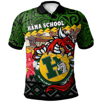 Green polo with black collar, Hana School dragon graphic, Polynesian pattern (front)