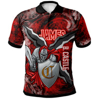 Red polo shirt with black collar and knight shield graphic, front view