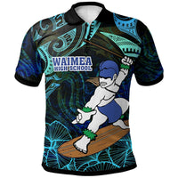 Waimea High School custom polo with surfer graphic, turquoise tribal pattern, dark blue base