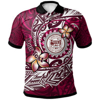 Maroon custom Hawaii polo shirt with Polynesian patterns, front crest and plumeria