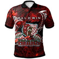 Red custom Hawaii polo shirt with black collar, front bear logo and Polynesian pattern