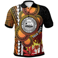 Black polo with yellow accents, tropical floral and school crest on front
