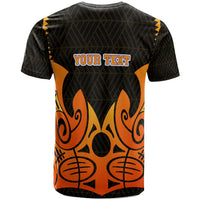 Orange and black tribal print T-shirt back with YOUR TEXT lettering and scroll designs