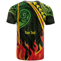 Green Polynesian pattern T-shirt with flames and “Your Text” on back