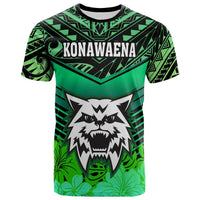 Green T-shirt with Konawaena front print, wolf head and black Polynesian pattern