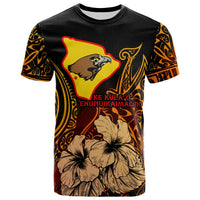 Black Hawaii T-shirt with yellow bird logo, hibiscus flowers, Polynesian pattern sleeves