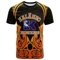 Orange and black tribal print T-shirt with KALAHEO text, Mustang mascot, and geometric pattern
