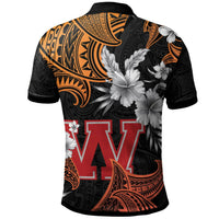 Black polo back with orange tribal swirls and large white hibiscus flowers