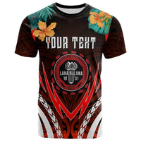 Dark Hawaii T-shirt with Lahainaluna emblem, palm leaves & hibiscus flowers (front)