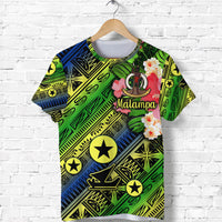 Green and blue Malampa graphic T-shirt with floral accents and star emblem
