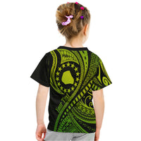 Kids black and lime green T-shirt with back star circle graphic and tribal wave motifs