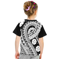 Black crew-neck kids T-shirt with white Polynesian-style geometric print back