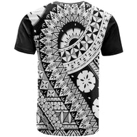 Black crew-neck T-shirt with white Polynesian-style geometric print back