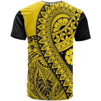 Gold and black graphic t-shirt with large central tribal emblem on back