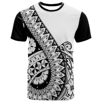 Black and white T-shirt with Polynesian tribal print and diagonal panel graphic
