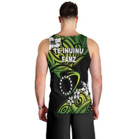 Back view rugby tank top: black with green/yellow tribal print and large center emblem