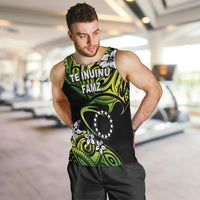 Rugby tank top on model: black with green/yellow tribal graphic and front emblem