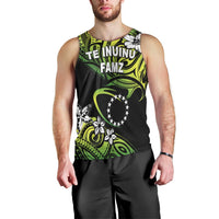 Rugby tank top front view: black with green/yellow tribal print and oval star emblem