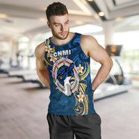 Men's blue sleeveless tank top with bold CNMI Liberation Day emblem and floral accents