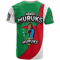 Kids sport T-shirt, green/red diagonal design, large Mendi Muruks logo on back