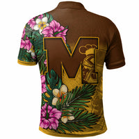 Brown polo back with large 'M' mascot art, pink flowers and green leaves tropical print