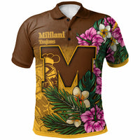Brown polo with button collar; front 'Mililani Trojans' text and tropical floral print