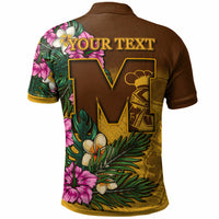 Brown polo back with large 'M' and 'YOUR TEXT' banner; tropical floral and leaf print