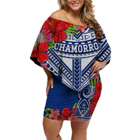 Custom Personalised Guam Chamorro Off Shoulder Short Dress Guaman Latte Stone Tropical Flowers Blue Version - Wonder Print Shop