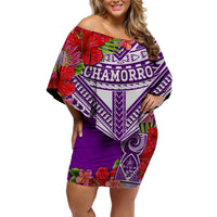 Custom Personalised Guam Chamorro Off Shoulder Short Dress Guaman Latte Stone Tropical Flowers Purple Version - Wonder Print Shop