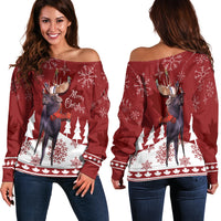 Canada Moose With Winter Birds Christmas Off Shoulder Sweater - Wonder Print Shop
