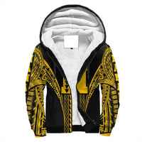 Black sherpa hoodie with yellow tribal print panels, front zipper and plush lined hood